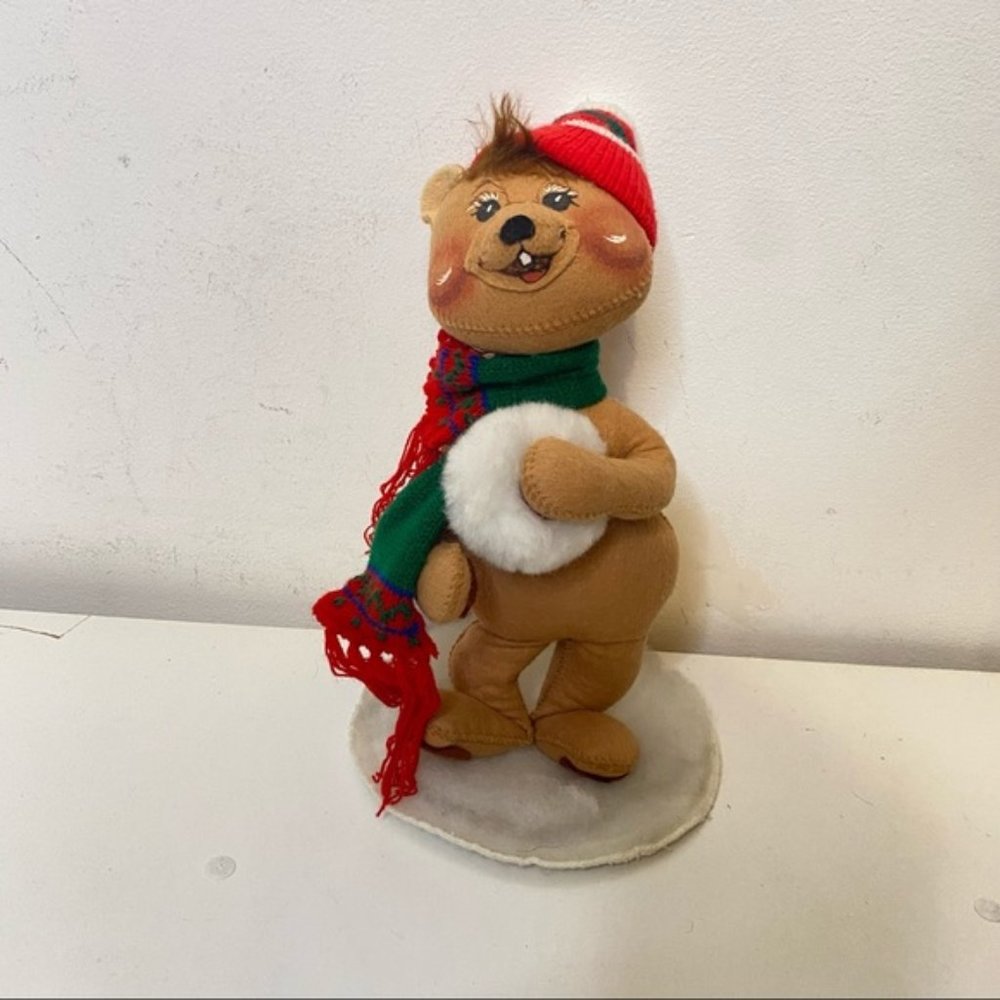 Vintage 12" Annalee Christmas Holiday Bear Holding Snowball